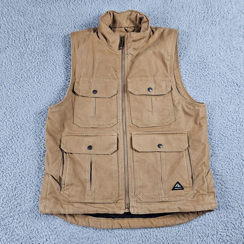 Ridgecut Vest Mens Medium Tan Duck Canvas Utility Workwear Chore Lined Full Zip